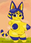  absurd_res animal_crossing ankha_(animal_crossing) anthro big_breasts bodily_fluids breasts demi-pig_(artist) domestic_cat felid feline felis female genitals gesture hi_res huge_breasts mammal nintendo overweight pointing pointing_at_viewer pussy solo steam sweat 