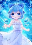  1girl blue_bow blue_eyes blue_hair blush bow cirno coa_(chroo_x) detached_wings dress fairy hair_between_eyes hair_bow ice ice_wings looking_at_viewer open_mouth short_hair sleeveless sleeveless_dress smile solo touhou white_dress wings 