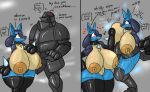  angry anthro areola armor big_breasts blue_body blue_fur bodily_fluids breasts canid canine clothed clothing comic cross-popping_vein curvy_figure dialogue duo english_text female fur gameplay_mechanics gender_transformation generation_4_pokemon headgear hi_res huge_breasts human human_to_anthro knight lactating level_number lucario male mammal nintendo nipples pokemon pokemon_(species) red_eyes simple_background smile species_transformation text thick_thighs transformation vf-01s warrior wide_hips 