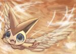  animal_focus arms_up blue_eyes chromatic_aberration commentary_request fangs feathered_wings flying full_body happy highres looking_at_viewer no_humans open_mouth orange_background outstretched_arms pokemon pokemon_(creature) smile solo tensaitou_tou victini white_wings wings 