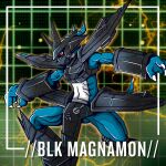  3_fingers absurd_res ambiguous_gender animal_humanoid anthro armor bandai_namco black_armor blue_body digimon digimon_(species) dragon dragon_humanoid english_text exposed_belly fan_character fingers hi_res humanoid kneeling lizard_tail looking_away magnamon magnamon_(black) mask muscular muscular_anthro red_eyes sketchworksu_(artist) solo text white_body 
