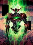  abstract abstract_background facial_mark forehead_mark getter-1 getter_robo glowing glowing_eyes glowing_mouth green_eyes highres looking_at_viewer mecha monsterification no_humans parody robot science_fiction shinkawa_youji_(style) solo style_parody teoft upper_body 