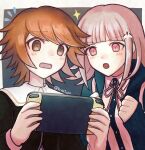  1boy 1girl artist_name backpack bag blush_stickers border brown_eyes brown_hair collared_shirt commentary_request danganronpa:_trigger_happy_havoc danganronpa_(series) danganronpa_2:_goodbye_despair dress_shirt flipped_hair fujisaki_chihiro galaga gradient_background green_jacket handheld_game_console highres holding holding_handheld_game_console hood hooded_jacket jacket looking_at_object looking_down medium_hair nanami_chiaki neck_ribbon open_mouth otoko_no_ko outside_border pink_bag pink_eyes pink_hair pink_ribbon playing_games ribbon shirt short_hair simple_background spaceship_hair_ornament sparkle sweatdrop toyatopa white_border white_shirt 