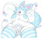  2022 anthro belly big_breasts blue_body blue_nipples bodily_fluids breasts confusion creamed_s0da dialogue digital_drawing_(artwork) digital_media_(artwork) eeveelution female generation_6_pokemon genitals hi_res huge_breasts mommy_kink navel nintendo nipples overweight overweight_female pokemon pokemon_(species) pussy shiny_pokemon simple_background solo sweat sylveon thick_thighs white_background white_body 