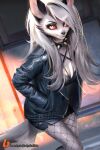  2023 anthro black_collar black_nose canid canid_demon canine canis clothing collar demon digital_drawing_(artwork) digital_media_(artwork) female fishnet fishnet_legwear fur grey_hair hair hand_in_pocket hellhound helluva_boss hi_res jacket ladyshalirin legwear loona_(helluva_boss) mammal pockets red_sclera solo spiked_collar spikes topwear white_body white_fur wolf 