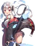  1girl :d absurdres black_jacket black_necktie black_ribbon black_thighhighs blush breasts brown_skirt dress_shirt fang gradient_hair grey_hair hair_ornament hair_ribbon hairclip highres hololive horns jacket katana long_hair looking_at_viewer multicolored_hair nakiri_ayame nakiri_ayame_(5th_costume) necktie official_alternate_costume oni oni_horns open_mouth pleated_skirt rappi red_eyes red_hair ribbon shirt simple_background skin_fang skindentation skirt sleeveless sleeveless_shirt small_breasts smile solo streaked_hair sword thighhighs twintails virtual_youtuber weapon white_background white_shirt x_hair_ornament 