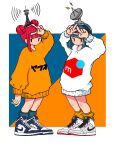 2girls black_eyes blue_background blue_footwear blue_hair blunt_bangs bob_cut border clothes_writing colored_shoe_soles double_bun double_v full_body grey_socks hair_bun hand_up hands_up highres long_sleeves looking_at_viewer multiple_girls nao97122 nike original outside_border pink_hair print_sweater radio_antenna satellite_dish shoes short_hair sneakers socks standing sweater two-tone_background v white_border white_footwear white_sweater yellow_background yellow_socks yellow_sweater 