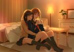  2girls absurdres arms_around_waist bed bedroom black_hair black_sailor_collar black_socks blue_shirt brown_hair brown_shirt cardigan closed_eyes coffee_table cup happy highres holding holding_cup hug hug_from_behind indoors kneehighs lamp light_rays long_hair looking_at_another looking_to_the_side multiple_girls nap_on_a_cloud neckerchief on_floor original pillow plant potted_plant purple_eyes red_neckerchief sailor_collar school_uniform serafuku shirt sitting smile socks table thighs yuri 