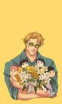  1boy absurdres axel_(studioaxel) blonde_hair bouquet collared_shirt cropped_torso gojou_satoru haibara_yu highres holding holding_bouquet ijichi_kiyotaka ino_takuma itadori_yuuji jujutsu_kaisen light_smile long_sleeves male_focus mature_male merchandise nanami_kento shirt short_hair solo_focus textless_version yellow_theme 