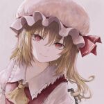  1girl ascot blonde_hair breasts closed_mouth collared_shirt commentary flandre_scarlet frilled_shirt_collar frills grey_background hair_between_eyes happiness_lilys hat hat_ribbon highres light_smile long_hair looking_at_viewer mob_cap one_side_up puffy_short_sleeves puffy_sleeves red_eyes red_ribbon red_vest ribbon shirt short_sleeves simple_background small_breasts smile solo split_mouth touhou upper_body vest white_headwear white_shirt wings yellow_ascot 