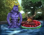  absurd_res animal_genitalia anthro antlers balls blue_body blue_fur bodily_fluids brown_body brown_fur canid canine canis disappointed disappointed_expression duo food fruit fur genital_fluids genitals happy_expression hi_res horn karlos_(character) kinktober leaf male mammal melon mo_(momamo) nude plant pool pool_toy red_elk sheath sky tree tube urine water watermelon watersports wolf yenocwolf 