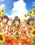  5girls arm_up armlet armpits black_hair blonde_hair blue_sky blunt_bangs blush bouquet brown_eyes brown_hair closed_mouth cloud cloudy_sky cosplay dark-skinned_female dark_green_hair dark_skin day dress field flower flower_field gradient_dress green_eyes hair_bun hair_flower hair_ornament hamaguchi_ayame highres holding holding_bouquet holding_flower idolmaster idolmaster_cinderella_girls idolmaster_cinderella_girls_starlight_stage jewelry jougasaki_rika kitami_yuzu long_hair looking_at_viewer mitsuki_(omezame_alice) multiple_girls natalia_(idolmaster) natalia_(idolmaster)_(cosplay) oikawa_shizuku one_eye_closed open_mouth orange_dress outdoors purple_eyes short_hair single_hair_bun sky sleeveless sleeveless_dress smile standing sunflower sunflower_field sunflower_hair_ornament thigh_strap two_side_up v yellow_dress yellow_eyes yellow_flower 