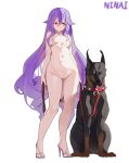  1girl animal animal_ears bare_arms bare_legs bare_shoulders dog dog_ears feet full_body high_heels highres holding holding_leash honkai_(series) honkai_impact_3rd leash long_hair navel ninai nipples no_bra no_panties nude purple_hair pussy shoes sirin very_long_hair yellow_eyes 