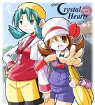  2girls ;d annoyed bag black_shorts blue_eyes blue_hair bow cabbie_hat cropped_jacket hair_between_eyes hair_intakes hand_on_own_hip handbag hat hat_bow heart jacket kris_(pokemon) light_blue_hair long_sleeves lyra_(pokemon) medium_hair multiple_girls one_eye_closed open_clothes open_jacket open_mouth overalls photo_background pokegear pokemon pokemon_(game) pokemon_gsc pokemon_hgss rascal red_bow red_shirt shirt shorts smile squiggle twintails two-tone_shorts v-shaped_eyebrows white_headwear white_jacket yellow_bag yellow_headwear yellow_shorts 
