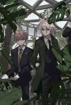  2boys aemono_(lemolemo_lmn) ahoge black_necktie black_pants brown_hair collared_shirt danganronpa:_trigger_happy_havoc danganronpa_(series) danganronpa_2:_goodbye_despair danganronpa_v3:_killing_harmony formal green_jacket green_necktie grey_hair hair_between_eyes hand_in_pocket highres holding hood hooded_jacket indoors jacket long_sleeves male_focus messy_hair multiple_boys naegi_makoto necktie open_clothes open_jacket pants plant shirt white_shirt 