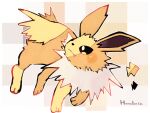  animal_focus artist_name closed_mouth commentary_request fang hanabusaoekaki highres jolteon lightning_bolt_symbol no_humans pokemon pokemon_(creature) solo wide_oval_eyes yellow_fur 