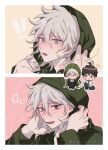  &gt;_&lt; 2boys :d ahoge black_pants blush boleum_(dgrpluna) brown_hair chibi danganronpa_(series) danganronpa_2:_goodbye_despair green_jacket grey_hair hair_between_eyes hands_up heart highres hinata_hajime holding_hands hood hood_up hooded_jacket jacket komaeda_nagito long_sleeves male_focus medium_hair messy_hair multiple_boys multiple_views necktie open_clothes open_jacket open_mouth outline pants shirt short_hair sitting smile sweat white_outline white_shirt yaoi 