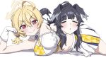  2girls ahoge animal_ears black_hair blonde_hair blue_archive blush breasts brilliantko cleavage closed_eyes crop_top dog_ears dog_girl dog_tail gloves hair_between_eyes halo hibiki_(blue_archive) hibiki_(cheer_squad)_(blue_archive) highres kotori_(blue_archive) kotori_(cheer_squad)_(blue_archive) large_breasts long_hair looking_at_viewer low_twintails lying multiple_girls on_side on_stomach parted_lips pleated_skirt ponytail red_eyes short_twintails simple_background skirt smile star_(symbol) star_sticker sticker_on_face tail twintails white_background white_gloves 