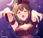  1girl blurry bokeh breasts brown_hair chinese_clothes cleavage cleavage_cutout clothing_cutout commentary depth_of_field detached_sleeves dress hands_up hat highres idolmaster idolmaster_shiny_colors jiangshi_costume konase_(non_stop!) kuwayama_chiyuki large_breasts looking_at_viewer ofuda_on_head qing_guanmao solo symbol-only_commentary twitter_username upper_body 