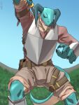  2022 anthro belt bottomwear claws clothing dragon frostshin grass_field grove_(game) grove_(regalbuster) hi_res horn looking_at_viewer male melee_weapon open_mouth outside shorts solo spread_legs spreading sword tail weapon 