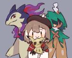  1girl 3others beak beret bird blue_fur braid braided_bangs brown_eyes brown_hair crossed_bangs decidueye fire grey_background hat hisuian_typhlosion hololive hololive_english japanese_clothes kimono looking_at_viewer mimikyu multicolored_hair multiple_others nanashi_mumei nanashi_mumei_(2nd_costume) official_alternate_costume owl pokemon pokemon_(creature) pokemon_(game) pokemon_legends:_arceus purple_fire red_shawl roro860512 shawl short_hair smile streaked_hair virtual_youtuber white_kimono wide_sleeves yellow_eyes |_| 