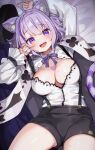  1girl :d absurdres ahoge animal_ears ayaoshiro black_shorts blush breasts cat_ears cat_girl cat_tail cleavage fang heart heart_tattoo highres hololive large_breasts looking_at_viewer lying neck_ribbon nekomata_okayu official_alternate_costume on_back open_mouth purple_eyes purple_hair purple_ribbon ribbon short_hair shorts smile solo suspenders sweat tail tattoo virtual_youtuber 