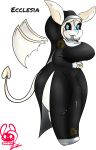  2022 absurd_res anthro big_breasts biped black_clothing black_sclera blue_body blue_eyes blue_fur blue_nose blue_tongue breasts bulge clothing demon fur genital_outline gynomorph hi_res intersex nun nun_outfit penis_outline solo spade_tail succubusbnny tail thick_thighs tongue white_body white_clothing white_ears white_fur white_tail white_wings wide_hips wings 