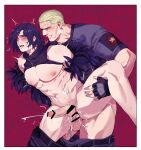  2boys abs absurdres anal bar_censor bara bare_pectorals belt black_belt black_gloves black_hair black_pants black_shirt blonde_hair blush censored clenched_teeth clothes_pull cum cum_in_ass cum_on_male ejaculating_while_penetrated ejaculation erection feather_boa fingerless_gloves gloves highres holding_another&#039;s_leg jack_krauser large_pectorals leg_up leon_s._kennedy male_focus multiple_boys muscular muscular_male navel official_alternate_costume on_(isk1812) open_mouth pants pants_pull pectorals penis resident_evil resident_evil_4 resident_evil_4_(remake) sex shirt short_hair teeth testicles yaoi 