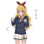  1girl :d absurdres aikatsu! aikatsu!_(series) blonde_hair blue_jacket blush bow cowboy_shot debu_kon_kan_debu hair_bow hairband hands_up highres hoshimiya_ichigo jacket long_hair long_sleeves neck_ribbon open_mouth pleated_skirt red_bow red_eyes red_hairband red_ribbon ribbon school_uniform shirt simple_background skirt smile solo standing starlight_academy_school_uniform translation_request white_background white_shirt white_skirt 