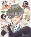  blue_hair blush chopsticks earrings fishnet_gloves fishnets glasses gloves green_eyes grey_hair holding holding_chopsticks ike_eveland jacket jewelry luca_kaneshiro luxiem male_focus multicolored_hair mysta_rias nightcat nijisanji nijisanji_en open_mouth salmon shirt short_hair shu_yamino smile virtual_youtuber vox_akuma 