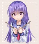  1girl angel_beats! blue_sailor_collar blush breasts closed_mouth commentary_request drumsticks eyelashes eyes_visible_through_hair flying_sweatdrops hair_between_eyes hands_up highres holding holding_drumsticks irie_miyuki light_brown_background long_hair long_sleeves looking_at_viewer medium_breasts neckerchief pink_neckerchief purple_eyes purple_hair sailor_collar shinda_sekai_sensen_uniform shirt sidelocks simple_background smile solo straight-on twitter_username upper_body very_long_hair white_shirt zuzuhashi 