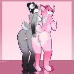  1:1 absurd_res anthro antlers black_body black_fur black_hair bovid bovid_horn breast_size_difference breasts butt caprine caprine_horn deer deer_spots duo embarrased_nude_female embarrassed embarrassed_nude_anthro female female/female fur galaxymaw genitals goat grey_body grey_fur hair hair_bun hand_on_butt hi_res hooves horn mammal markings meow never.subby nub_tail pink_body pink_fur pink_hair pussy ram_horn red_pussy reflective_floor spots spotted_markings spread_butt spread_pussy spreading tobi 