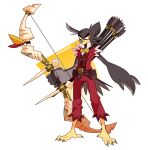  2023 absurd_res anthro arrow_(weapon) avian bird bow_(weapon) bow_tie clothed clothing doodledox feathers fully_clothed grey_body grey_feathers hi_res holding_object holding_weapon male ranged_weapon simple_background solo standing tail_feathers talons weapon winged_arms wings yellow_eyes 
