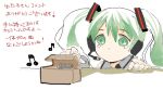  1girl bad_drawr_id bad_id beamed_eighth_notes dot_mouth dot_nose eighth_note green_eyes green_hair hair_between_eyes hair_ornament hands_up hatsune_miku headphones headset jaggy_lines long_hair looking_ahead microphone music_box musical_note oekaki ogawa_maiko peeking_out sad sketch solo tareme tearing_up tears thank_you translation_request twintails upper_body vocaloid white_background 