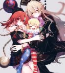  3girls american_flag_dress american_flag_legwear ayahi_4 black_headwear black_shirt blonde_hair blush blush_stickers chain closed_eyes closed_mouth clothes_writing clownpiece dress hair_between_eyes hat hecatia_lapislazuli highres jester_cap junko_(touhou) long_hair long_sleeves medium_hair moon_(ornament) multicolored_clothes multicolored_skirt multiple_girls off-shoulder_shirt off_shoulder open_mouth pantyhose phoenix_crown polka_dot polka_dot_headwear polos_crown purple_headwear red_eyes red_hair shirt short_sleeves skirt smile striped striped_dress striped_pantyhose tabard touhou wide_sleeves 