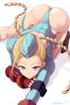  1girl ahoge ass beret blonde_hair blue_eyes blue_headwear blue_leotard boots braid brown_footwear cammy_white closed_mouth commentary_request gloves hat highres kasai_shin leotard looking_at_viewer red_gloves ribbed_leotard shadaloo_dolls signature solo street_fighter swept_bangs 