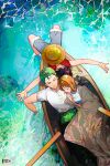  1girl 2boys black_hair blue_shorts canoe closed_eyes closed_mouth earrings green_hair haramaki hat hat_removed headwear_removed highres jewelry lying monkey_d._luffy multiple_boys nami_(one_piece) ocean one_piece orange_hair outdoors roronoa_zoro short_hair shorts signature single_earring sleeping straw_hat water yi_zhi_zhiliao_zhiliaoliaoliao 