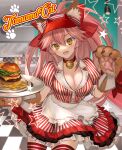  1girl absurdres animal_ear_fluff animal_ears animal_hands bell blush breasts burger cat_paws cleavage collar dress fate/grand_order fate_(series) food fox_ears fox_girl fox_tail french_fries gloves hair_ribbon highres indoors jingle_bell kitchen large_breasts long_hair looking_at_viewer neck_bell open_mouth paw_gloves pink_hair ponytail red_ribbon red_thighhighs ri-ko ribbon solo star_(symbol) striped striped_dress tail tamamo_(fate) tamamo_cat_(fate) tamamo_cat_(lostroom_outfit)_(fate) thighhighs visor_cap yellow_eyes 