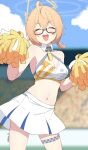  1girl alternate_costume blonde_hair blue_archive blurry blurry_background blush breasts cheerleader cleavage closed_eyes collarbone glasses halo highres kotori_(blue_archive) kotori_(cheerleader)_(blue_archive) medium_breasts navel official_alternate_costume open_mouth pom_pom_(cheerleading) reia_76 short_hair sky solo stadium twitter_username 
