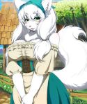  2023 5:6 68_(artist) anthro big_breasts breasts canid canine clothing dress female fluffy fluffy_tail frilly frilly_clothing fur green_eyes hair headscarf inner_ear_fluff looking_at_viewer mammal smile solo tail tuft white_body white_fur white_hair 