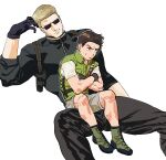  123456dyom 2boys absurdres albert_wesker bara black_gloves black_hair black_pants black_shirt blonde_hair bulletproof_vest child chris_redfield closed_mouth crossed_arms gloves green_shorts highres looking_at_another male_focus multiple_boys muscular muscular_male pants resident_evil resident_evil_1 resident_evil_5 shirt short_hair shorts smile sunglasses white_shirt 