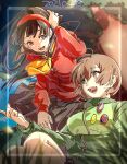  2girls amagi_yukiko black_hair blurry blurry_background bright_pupils brown_eyes brown_hair brown_skirt buttons eyelashes grass green_jacket hairband jacket kuga_hotaru long_hair long_sleeves multiple_girls neckerchief open_mouth persona persona_4 pleated_skirt red_hairband satonaka_chie school_uniform short_hair skirt teeth track_jacket tree white_pupils yellow_neckerchief 