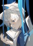  1boy animal_ears blue_eyes coat commentary_request glasses hand_up highres looking_at_hand male_focus original parted_lips short_hair solo upper_body wet white_coat white_hair zumi_(neronero126) 