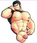  1boy abs bara bare_pectorals beard_stubble black_hair chest_hair clothes_lift clothing_aside cropped_legs grin highres huge_eyebrows huge_pectorals large_pectorals large_testicles lifted_by_self lucas_lee male_focus male_pubic_hair male_underwear male_underwear_aside mistermrdad muscular muscular_male navel navel_hair nipples pectorals penis pubic_hair scott_pilgrim_takes_off shirt shirt_lift short_hair short_sleeves slit_pupils smile solo strongman_waist t-shirt testicles uncensored underwear unfinished v-shaped_eyebrows 