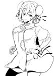  1girl bandaged_arm bandages breasts bun_cover character_request closed_mouth cowboy_shot dress flower greyscale highres himajin_noizu large_breasts monochrome puffy_short_sleeves puffy_sleeves rose short_hair short_sleeves simple_background single_wrist_cuff smile solo tabard touhou white_background wrist_cuffs 