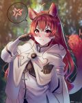  1girl absurdres ahoge anger_vein animal_ears black_hairband blurry blurry_background blush brown_gloves cape closed_mouth crossed_bangs dated eris_greyrat forest gloves hairband hands_up highres kemonomimi_mode long_hair long_sleeves mushoku_tensei nature outdoors paw_pose red_eyes red_hair shirt signature solo spoken_anger_vein sweatdrop tail white_cape white_shirt yujin_(kanouyuuto-0423) 