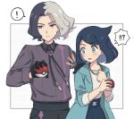  ! 1boy 1girl amethio_(pokemon) aqua_eyes black_gloves black_hair black_pants blush border coat collared_shirt commentary_request cowlick gloves green_coat hair_ornament hairclip hand_on_another&#039;s_shoulder highres holding holding_poke_ball liko_(pokemon) multicolored_hair nm222 open_clothes open_coat open_mouth pants poke_ball poke_ball_(basic) pokemon pokemon_(anime) pokemon_horizons shirt short_hair shorts spoken_exclamation_mark two-tone_hair white_border white_shirt 