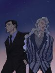  2boys almostghost black_hair black_pants black_suit blonde_hair formal glasses highres hinrigh_biganduffno hunter_x_hunter ken&#039;i_wang long_hair looking_to_the_side mafia male_focus multiple_boys necktie night night_sky pants shirt short_hair sky striped_suit suit white_shirt 