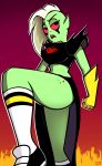  2019 alien alien_humanoid bottomwear breasts clothed clothing disney eyebrows eyelashes female fingers fire footwear gloves green_body green_skin hair handwear humanoid humanoid_pointy_ears long_hair lord_dominator midriff noseless not_furry oneeyedsheep open_mouth pink_sclera raised_leg shoes socks solo teeth topwear wander_over_yonder white_hair 