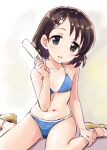  1girl bare_shoulders bikini black_eyes black_hair blue_bikini blush breasts collarbone commentary_request dot_nose hair_ornament hairclip hand_on_own_leg hand_up highres holding_popsicle idolmaster idolmaster_cinderella_girls idolmaster_cinderella_girls_starlight_stage idolmaster_cinderella_girls_u149 looking_at_viewer navel open_mouth rabbit_hair_ornament sandals sasaki_chie satogo short_hair sitting small_breasts smile solo swimsuit wariza 